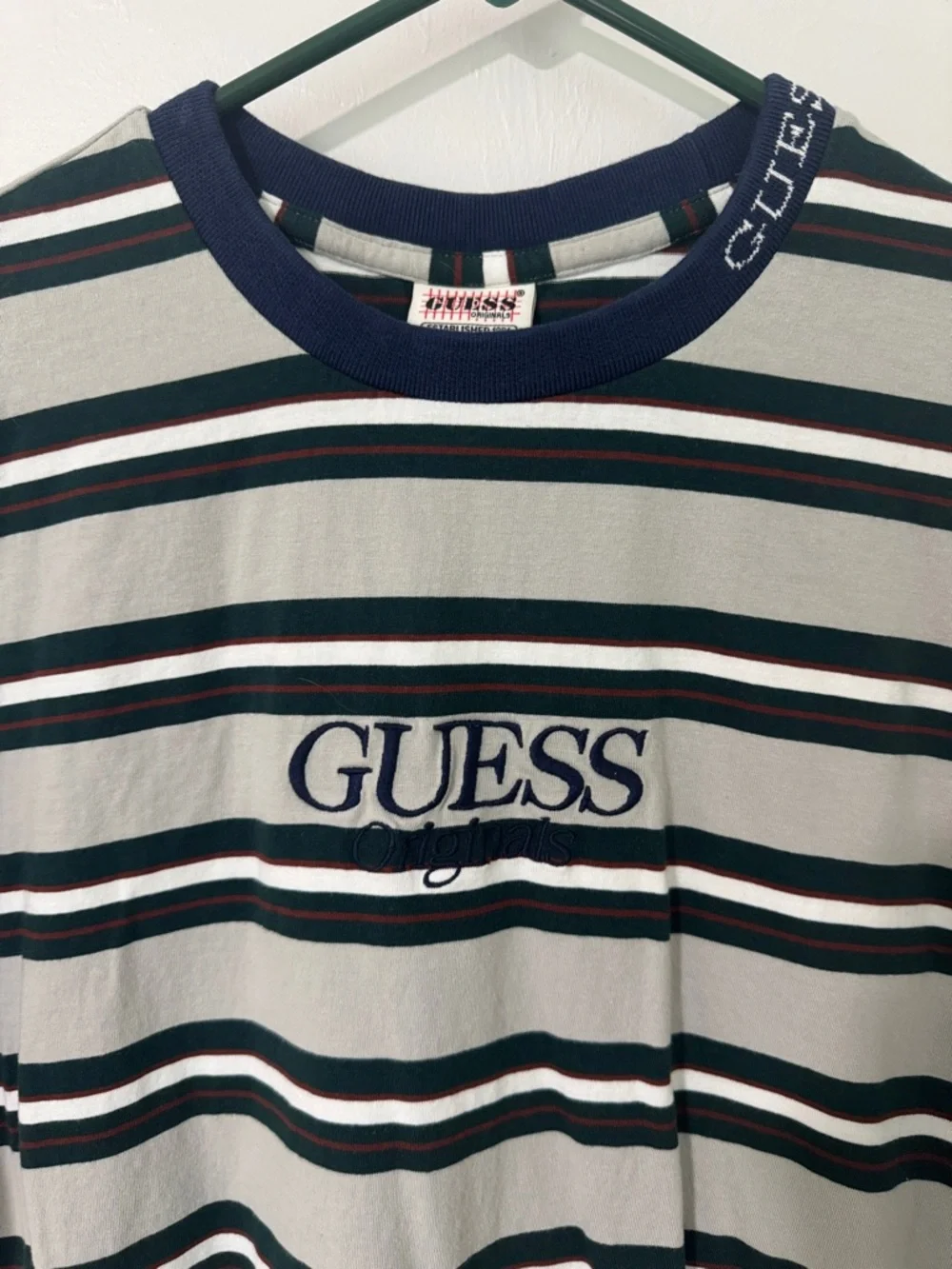 Guess Striped Crewneck Tee in Navy, Gray & Green - Picture 2 of 6